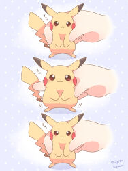 1other :3 artist_name blush brown_eyes closed_mouth commentary_request disembodied_hand gen_1_pokemon highres mugita_konomi nintendo pikachu pokemon pokemon_(creature) polka_dot polka_dot_background purple_background squishing