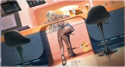 1girl absurdres alcohol atelier_(series) atelier_yumia azur_lane baby_animal bare_arms bare_shoulders beer beer_mug bikini bikini_top_only bird blonde_hair blue_bikini blue_shorts braid breasts burger ceiling_light chair chick cleavage closed_mouth collarbone counter cup cutoffs dark-skinned_female dark_skin denim denim_shorts drink drinking_glass ear_piercing earrings fast_food feet fingernails food front-tie_bikini_top front-tie_top full_body gyaru hair_between_eyes halterneck hanging_breasts high_heels highres huge_breasts indoors jewelry large_breasts leaning_forward legs lips long_hair looking_at_viewer manjuu_(azur_lane) menu_board mole mole_on_breast mug nail_polish navel nina_friede nina_friede_(cafe_&amp;_diner_mode) no_shirt non-web_source official_alternate_costume official_art on_chair open-toe_shoes piercing purple_eyes reflection reflective_floor restaurant sandals short_shorts shorts single_hair_intake sitting skindentation smile solo stomach stool swimsuit table thighs tiles toenail_polish toenails toes white_bikini