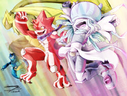 Rule 34 | belt, betelgammamon, digimon, digimon (creature), fang, floating, happy, horns, hoverespimon, ionbrancher, jellyfish girl, jumping, monster girl, no eyes, scarf, symbareangoramon, tentacle hair, tentacles, teslajellymon