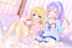 2girls blonde_hair blue_eyes fam_valhoef hachidoriwanokuni highres iris_mysteria! lingerie multiple_girls negligee on_bed pajamas patricia_(iris_mysteria) pig pointy_ears ponytail purple_hair see-through_clothes seiza sitting smile underwear