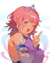 1girl absurdres clothing_cutout commentary detached_sleeves english_commentary from_side gradient_sleeves hand_on_own_chest happy_birthday highres honkai:_star_rail honkai_(series) index_finger_raised long_sleeves looking_at_viewer mararu march_7th_(honkai:_star_rail) march_7th_(nascent_spring)_(honkai:_star_rail) official_alternate_costume open_mouth purple_sleeves signature smile solo teeth tiara upper_body upper_teeth_only