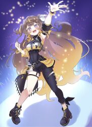 1girl anya_melfissa arm_up armpits asymmetrical_legwear asymmetrical_sleeves bangle belt black_belt black_leotard blonde_hair blush bracelet brown_hair clenched_hand commentary_request concert covered_navel crowd detached_sleeves eyelashes glowstick hair_ornament hand_up highres hololive hololive_idol_uniform_(color_rise) hololive_indonesia idol idol_clothes indoors jewelry leotard long_hair looking_at_viewer maaru_(jatjem1vy6nok0o) multicolored_hair navel official_alternate_costume open_mouth penlight_(glowstick) purple_eyes shoes sidelocks single_detached_sleeve single_sleeve skin_tight smile solo sparkle stage standing star_(symbol) star_print streaked_hair teeth thigh_strap tongue two_side_up unzipped upper_teeth_only very_long_hair virtual_youtuber zipper