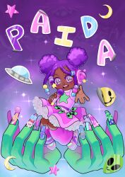Rule 34 | 1girl, afro puffs, alien, animification, beads, braid, character name, chibi, commentary, crescent, curly hair, cyber fashion, dark-skinned female, dark skin, disembodied hand, double bun, dreadlocks, dress, english commentary, gradient background, hair beads, hair bun, hair ornament, happy, headphones, highres, holding, holding microphone, idol, idol clothes, jumping, leg warmers, loony-bear, microphone, mini person, minigirl, music, nail art, nail ornament, outstretched hand, paida, pink dress, pink leg warmers, pink shoes, purple hair, real life, shoes, singing, smile, smiley face, solo, sparkle, star (symbol), sticker, ufo, variant set, very dark skin, vivienne westwood