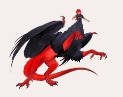 1girl absurdres cosplay dragon dungeon_meshi falin_touden falin_touden_(chimera) falin_touden_(chimera)_(cosplay) grey_background gundam gundam_suisei_no_majo highres long_hair monster_girl red_hair simple_background solo suletta_mercury tanukimo_imo taur wings