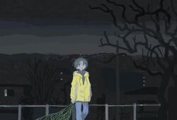 1boy bare_tree black_hair black_shirt closed_mouth denim dot_nose expressionless gradient_sky grey_eyes hair_strand highres holding house jeans long_sleeves mountainous_horizon muji_(uimss) net night no_sclera original outdoors pants railing raincoat scenery shirt short_hair sky solo tareme tree utility_pole walking yellow_raincoat