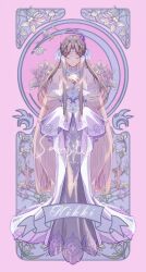 Rule 34 | 1girl, absurdly long hair, banner, bare shoulders, blonde hair, card (medium), chinese commentary, circlet, closed eyes, closed mouth, collar, commentary request, commission, copyright name, crescent halo, detached collar, dress, eyelashes, feather trim, flower, full body, gown, grey dress, halo, halo behind head, hands on own chest, happy, highres, infinity nikki, lace-trimmed arm warmers, layered dress, lily (flower), long dress, long hair, long sidelocks, nanque5526, nikki (series), own hands clasped, own hands together, pink background, purple halo, sample watermark, sidelocks, silvergale&#039;s aria (infinity nikki), smile, solo, stained glass, standing, straight-on, straight hair, strapless, strapless dress, very long hair, watermark, white arm warmers, white collar, white dress, white flower, wing ears