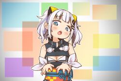 Rule 34 | 1girl, bare shoulders, black dress, blue eyes, blush, breasts, cleavage, cleavage cutout, clothing cutout, commentary request, dress, grey hair, hair ornament, hairclip, kaguya luna, looking at viewer, medium breasts, obi, open mouth, sash, sleeveless, sleeveless dress, solo, teeth, the moon studio, twintails, upper body, upper teeth only, virtual youtuber, yukie (kusaka shi)