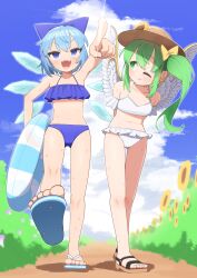 Rule 34 | 2girls, :d, ;), absurdres, arm up, arms behind back, asakura haru, bare arms, bare legs, bare shoulders, blue bow, blue eyes, blue hair, blush, bow, cirno, cloud, commentary request, cumulonimbus cloud, daiyousei, day, diffraction spikes, double-parted bangs, fairy wings, feathered wings, flip-flops, foreshortening, frills, from below, full body, green eyes, green hair, hair bow, highres, ice, ice wings, innertube, looking at another, multiple girls, one eye closed, open mouth, outdoors, pointing, sandals, short hair, side ponytail, sky, smile, swim ring, swimsuit, thigh gap, toes, touhou, v-shaped eyebrows, walking, wings