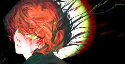 Rule 34 | 1boy, absurdres, black background, blood, blood from forehead, blood on face, chinese commentary, commentary request, freckles, green eyes, green shirt, hair between eyes, highres, kyle broflovski, looking at viewer, looking back, male focus, mao rongrong huli chu, orange hair, portrait, shirt, short hair, solo, south park, variant set
