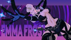 1girl black_lips blonde_hair blue_eyes breasts cleavage earrings emma_frost emma_frost_(x-revolution) gloves highres jewelry large_breasts looking_at_viewer marvel marvel_rivals medium_hair mintbreak navel official_alternate_costume solo stomach thick_thighs thighs x-men