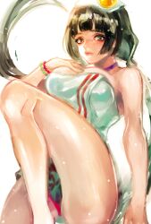 ass black_hair blunt_bangs breasts brown_eyes choker cleavage ii_naotora large_breasts leg_up legs lips long_hair minato.666 rubber_duck sengoku_musou thighs towel twintails