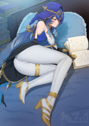1girl anklet armlet ass bare_shoulders bed black_panties blue_hair blue_hood book breasts drill_hair drill_sidelocks feet genshin_impact hair_between_eyes high_heels highres hood jewelry large_breasts layla_(genshin_impact) legs long_hair looking_at_viewer lying mezzo_(orbanga21) on_bed on_side panties pants pillow pointy_ears sidelocks signature solo thighs toes underwear very_long_hair yellow_eyes