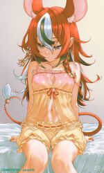 Rule 34 | 1girl, :/, absurdres, animal ears, anversailles, averting eyes, babydoll, black hair, blue eyes, blush, bow, braid, breasts, closed mouth, colored tips, commentary, commission, double-parted bangs, empire waist, english commentary, extra ears, frilled shorts, frills, front slit, hair between eyes, hakos baelz, hakos baelz (strawberry onesie), highres, hololive, hololive english, indoors, jewelry, long hair, medium breasts, mouse ears, mouse girl, mouse tail, multicolored hair, navel, necklace, official alternate hairstyle, on bed, polka dot babydoll, puffy shorts, red hair, see-through babydoll, see-through clothes, short shorts, shorts, side braids, solo, straight-on, strap slip, streaked hair, tail, tail bow, tail ornament, virtual youtuber, white hair, yellow babydoll, yellow shorts