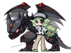 1boy behind_another black-framed_eyewear black_hat black_shirt bracelet card chibi crossover double-parted_bangs dragon dress_shirt duel_disk duel_monster facing_to_the_side gold_bracelet green_hair green_shoes grey_eyes hat holding holding_card jewelry khaki_pants looking_ahead male_focus n_(pokemon) necklace nintendo nuumigranate outstretched_arm parody partially_unbuttoned pokemon pokemon_bw pokemon_bw2 ponytail red-eyes_darkness_dragon red-tinted_eyewear red_trim shirt shoes sleeves_rolled_up style_parody tinted_eyewear turning_head untucked_shirt white_background white_shirt yu-gi-oh! yu-gi-oh!_zexal
