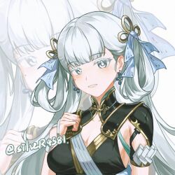 Rule 34 | 1girl, black collar, blue bow, bow, breasts, bright pupils, collar, collarbone, colored eyelashes, commentary request, earrings, grey hair, hair bow, hair rings, hand up, jewelry, jinhsi (wuthering waves), light blush, long hair, looking at viewer, low twintails, medium breasts, mole, mole on cheek, parted lips, partial commentary, silver4581, smile, solo, twintails, white eyelashes, white eyes, white pupils, wuthering waves, zoom layer