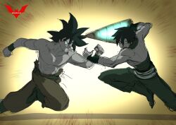 2boys batm_andrew battle black_hair core_drill crossover dragon_ball drill fighting_stance highres male_focus multiple_boys muscular muscular_male signature simon_(ttgl) son_goku spiral_power tengen_toppa_gurren_lagann topless_male