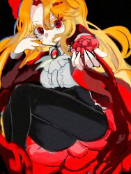 1girl ameamefurefuref ascot black_background black_corset blonde_hair breasts closed_mouth coat collared_shirt corset don_quixote_(project_moon) flower full_body gem highres limbus_company long_hair long_sleeves looking_at_viewer parted_bangs project_moon red_brooch red_coat red_eyes red_flower red_gemstone red_rose rose sancho_(project_moon) shirt simple_background sitting solo thighs white_ascot white_shirt yearning-mircalla_(e.g.o)