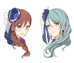 Rule 34 | 2girls, aqua hair, bang dream!, blue flower, blue rose, blush, braid, brown hair, closed mouth, commentary request, earrings, flower, green eyes, hair between eyes, highres, hikawa sayo, imai lisa, jewelry, kanade (kanade 3344), long hair, looking at viewer, multiple girls, rose, simple background, single braid, white background
