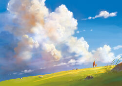 2others blue_sky cloud cloudy_sky commentary_request cumulonimbus_cloud day grass holding_hands multiple_others original outdoors rock scenery sky standing very_wide_shot yukoiwase