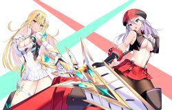 2girls aegis_sword_(xenoblade) alisa_ilinichina_amiella bare_legs bare_shoulders blonde_hair breasts cabbie_hat chest_jewel cleavage cleavage_cutout clothing_cutout crossover daive dress earrings elbow_gloves gloves god_eater hat highres huge_weapon jewelry large_breasts long_hair multiple_girls mythra_(xenoblade) pantyhose short_dress skirt suspender_skirt suspenders swept_bangs thigh_strap thighhighs tiara underboob very_long_hair weapon white_dress white_gloves xenoblade_chronicles_(series) xenoblade_chronicles_2 yellow_eyes