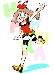 Rule 34 | 10s, 1girl, arms up, bike shorts, blue eyes, blush, bright pupils, brown hair, female focus, full body, hair ribbon, looking at viewer, may (pokemon), may (pokemon oras), nintendo, open mouth, pokemon, pokemon oras, ribbon, running, smile, solo, ucchii