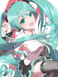 Rule 34 | 1girl, aqua eyes, aqua hair, aqua necktie, black skirt, black sleeves, detached sleeves, hatsune miku, headphones, headset, highres, long hair, looking at viewer, necktie, shirt, skirt, solo, twintails, twintails day, very long hair, vocaloid, white shirt, yukichi (yu-ame)