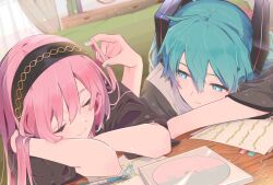 1girl ahoge aqua_eyes aqua_hair aqua_nails black_shirt cd cd_case commentary curtains hair_ornament hairband hand_in_own_hair hatsune_miku head_on_arm head_rest highres holding_another&#039;s_hair indoors long_hair looking_at_another megurine_luka nail_polish paper pen pink_hair shirt sleeping smile twintails upper_body vocaloid wanaxtuco window yuri