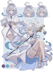 1girl ahoge alternate_costume c_cutai dress drop-shaped_pupils full_body furina_(genshin_impact) genshin_impact halo heterochromia highres holding holding_staff long_hair solo staff symbol-shaped_pupils white_dress white_halo