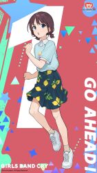1girl artist_request blue_eyes blue_shirt brown_hair brown_socks clenched_hands collared_shirt commentary copyright_name copyright_notice countdown food_print fruit_print full_body girls_band_cry hand_up highres iseri_nina leg_up lemon_print light_blush looking_at_viewer official_art open_mouth print_skirt second-party_source shirt shirt_tucked_in shoelaces shoes short_hair short_sleeves short_twintails skirt sneakers socks solo star_(symbol) triangle twintails white_shoes