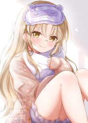 1girl absurdres blush brown_eyes glasses happy highres hug jacket long_hair looking_at_viewer matcha_november nijisanji open_clothes open_jacket parted_bangs shadow shorts sidelocks sister_claire sleep_mask smile thighs very_long_hair virtual_youtuber