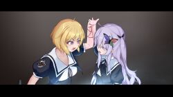 2girls ahoge angry arm_at_side arm_up assault_lily black_ribbon blonde_hair breasts butterfly_hair_ornament collarbone commentary_request confrontation cropped_jacket eye_contact fingernails gradient_background grey_background grey_hair hair_between_eyes hair_ornament hair_ribbon highres holding_another&#039;s_wrist imagawa_homare letterboxed light_particles looking_at_another lower_teeth_only medium_breasts mole mole_under_eye multiple_girls neck_ribbon one_side_up open_mouth pink_ribbon puffy_short_sleeves puffy_sleeves purple_eyes ribbon school_uniform seike_tomoyo shirt short_sleeves sidelocks sweat sweatdrop tearing_up teeth ueharu underbust upper_body v-shaped_eyebrows white_shirt wrist_ribbon yurigaoka_girls_academy_school_uniform
