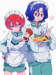 1boy 1girl alternate_costume amate_yuzuriha apron aqua_eyes blue_hair blush bottle colored_inner_hair commentary_request cowboy_shot crossdressing eating enmaided food food_on_face frilled_apron frills glaring gundam gundam_gquuuuuux gym_shorts hair_ornament hairclip hand_on_own_hip highres holding holding_bottle holding_food holding_plate holding_spoon jacket long_sleeves looking_at_viewer maid maid_apron maid_headdress male_maid multicolored_hair musical_note omelet omurice plate purple_hair red_eyes red_hair short_hair shorts shuji_ito simple_background speech_bubble spoken_musical_note spoon squeeze_bottle track_jacket two-tone_hair white_apron white_background ymmmkome