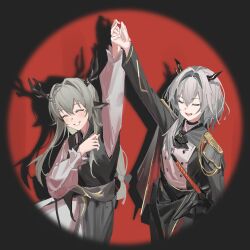 Rule 34 | 2girls, :d, absurdres, alina (arknights), animal ears, antlers, arknights, arm up, black cape, black horns, cape, closed eyes, commentary, dancing, english commentary, epaulettes, grey hair, grin, hair between eyes, hair intakes, highres, holding hands, horns, long hair, long sleeves, multiple girls, open mouth, outstretched arm, short hair, single epaulette, smile, spotlight, talulah (arknights), talulah the fighter (arknights), whitebuckleqwq
