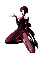 Rule 34 | 1girl, anna williams, bandai namco, bob cut, breasts, bridal gauntlets, china dress, chinese clothes, cleavage, dress, floral print, fujisawa tomio, highres, kneeling, monochrome, nail polish, official art, pantyhose, parted lips, rose print, short hair, simple background, sleeveless, sleeveless dress, tekken, tekken tag tournament 2, white background