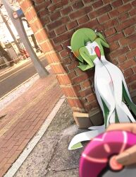 Rule 34 | 1girl, absurdres, against wall, blush, brick wall, colored skin, controller, day, discreet vibrator, dress, from behind, gardevoir, gen 3 pokemon, green hair, green skin, heart, heart print, highres, holding, holding poke ball, holding remote control, khyle., love ball, medium hair, multicolored skin, nintendo, outdoors, photo-referenced, poke ball, pokemon, pokemon (creature), remote control, remote control vibrator, sex toy, solo focus, trembling, two-tone skin, vibrator, vibrator under clothes, white dress, white skin