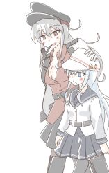 2girls black_headwear black_pantyhose black_sailor_collar black_skirt black_thighhighs blue_eyes breasts brown_eyes cleavage flat_cap gangut_(kancolle) gangut_dva_(kancolle) grey_hair hat hibiki_(kancolle) jacket kantai_collection konokiya long_hair medium_breasts military_jacket military_uniform mouth_hold multiple_girls open_clothes open_shirt pantyhose peaked_cap pipe_in_mouth pleated_skirt red_shirt sailor_collar school_uniform serafuku shirt simple_background skirt smoking_pipe thighhighs verniy_(kancolle) white_background white_headwear white_shirt