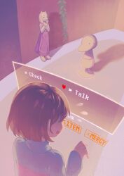 1girl 1other :d ^_^ absurdres backlighting bad_perspective barefoot blue_sweater bob_cut brown_hair child closed_eyes closed_mouth commentary dummy_(undertale) english_commentary english_text fewer_digits film_grain flying_sweatdrops frisk_(undertale) from_behind full_body furry furry_female gameplay_mechanics goat_girl highres indoors kiriyume leaf long_sleeves open_mouth own_hands_together pink_sweater plant purple_robe robe shadow short_hair smile standing striped_clothes striped_sweater sweater toriel turtleneck turtleneck_sweater twitter_username two-tone_sweater undertale upper_body vines white_fur