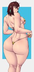 1girl artist_name ass ayase_momo bare_back bare_shoulders bikini border breasts brown_eyes brown_hair dandadan earrings female_focus highres jewelry limn044 medium_breasts medium_hair simple_background smile standing swimsuit thighs white_border