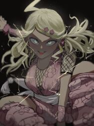 absurdres ahoge black_clover blonde_hair breasts cleavage dark-skinned_female dark_background dark_skin electricity electrokinesis eyelashes eyeshadow fishnet_top fishnets floral_print gyaru hair_ornament hair_scrunchie hairclip hand_up highres imari_komari japanese_clothes light_blush loose_socks makeup ninja obi open_mouth pink_romper pink_socks romper sash scrunchie short_sleeves smile socks sparks teeth tongue tongue_out twintails upper_teeth_only vhereall white_sash wristband