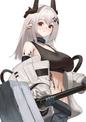 1girl absurdres arknights black_horns breasts commentary cowboy_shot crop_top ear_piercing gloves grey_gloves grey_hair hammer highres holding holding_weapon horns infection_monitor_(arknights) material_growth medium_hair midriff mudrock_(arknights) mudrock_(elite_ii)_(arknights) navel oripathy_lesion_(arknights) parted_lips piercing pointy_ears red_eyes remapack77 simple_background sledgehammer solo standing weapon white_background