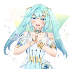 Rule 34 | 1girl, aozoradoesart, aqua hair, aqua pupils, armpit cutout, arrow print, bare shoulders, blush, bracelet, clothing cutout, cowlick, dress, faruzan (genshin impact), genshin impact, geometric pattern, hair ornament, jewelry, long hair, looking at viewer, neck ring, open mouth, shoulder cutout, simple background, skirt cutout, smile, solo, symbol-shaped pupils, triangle-shaped pupils, twintails, white dress, x hair ornament