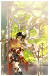 2boys absurdres aqua_eyes aqua_hair black_hair black_socks blurry border braid bridal_gauntlets candlestand cloak closed_mouth crop_top dahlia_(genshin_impact) day depth_of_field floating flower genshin_impact gloves gradient_hair grey_eyes hair_flower hair_ornament half_gloves hat highres hood hooded_cloak index_finger_raised kneehighs long_sleeves looking_at_viewer male_focus multicolored_hair multiple_boys one_eye_closed pink_hair puffy_long_sleeves puffy_sleeves short_hair side_braids sitting smile socks thighhighs trap twin_braids two-tone_hair venti_(archon)_(genshin_impact) venti_(genshin_impact) white_cloak white_flower white_thighhighs youlili