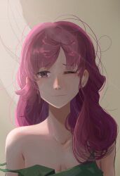 1girl absurdres bocchi_the_rock! breasts cleavage collarbone commentary dress green_dress hair_down highres hiroi_kikuri kingu_(whalekingu) messy_hair one_eye_closed portrait purple_eyes purple_hair small_breasts solo strap_slip wavy_mouth