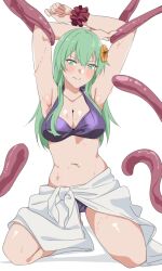1girl arms_up bikini breasts cleavage flower green_eyes green_hair hair_between_eyes hair_flower hair_ornament kantai_collection large_breasts long_hair maonatten navel purple_bikini restrained sarong scrunchie suzuya_(kancolle) suzuya_kai_ni_(kancolle) suzuya_kai_ni_(swimsuit)_(kancolle) swimsuit tentacles white_sarong wrist_scrunchie