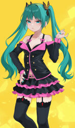 Rule 34 | 1girl, absurdres, aqua eyes, aqua hair, aqua nails, bare shoulders, black bra, black garter, black skirt, black sleeves, black thighhighs, bow, bra, breasts, bug, butterfly, butterfly hair ornament, cleavage, hair ornament, hatsune miku, hatsune miku (honey whip), highres, insect, jacket, lace, lace-trimmed bra, lace-trimmed thighhighs, lace trim, long hair, looking at viewer, off shoulder, pink bow, simple background, skirt, small breasts, solo, sweet devil (vocaloid), thighhighs, tiandingfengren, twintails, underwear, vocaloid