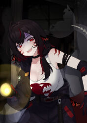 Rule 34 | 1girl, ahoge, black choker, black gloves, black hair, black overalls, breasts, choker, cleavage, collarbone, colored inner hair, facial mark, fins, fish tail, flashlight, gloves, highres, holding, holding flashlight, indie virtual youtuber, miya mareena, multicolored hair, open mouth, overalls, red eyes, red gloves, red hair, see-through tail, shark girl, shark tail, sharp teeth, solo, tail, tank top, teeth, two-sided gloves, valefal coneri, virtual youtuber, whisker markings, white tank top