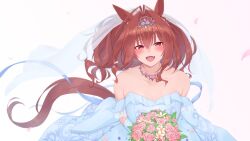 1girl :d animal_ears bare_shoulders blue_dress blue_ribbon blush bouquet breasts bridal_veil collarbone daiwa_scarlet_(something_blue)_(umamusume) daiwa_scarlet_(umamusume) dress fang flower hair_between_eyes highres holding holding_bouquet horse_ears horse_girl horse_tail jewelry kirou_(kiruyuu1210) large_breasts looking_at_viewer necklace off-shoulder_dress off_shoulder open_mouth petals pink_flower pink_rose ribbon rose smile solo tail tiara umamusume veil wedding_dress