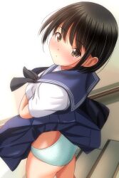 Rule 34 | 1girl, absurdres, ass, black hair, black neckerchief, blue panties, blue sailor collar, blue skirt, blush, brown eyes, clothes lift, commentary request, from behind, highres, looking at viewer, looking back, matsunaga kouyou, neckerchief, nose blush, original, panties, parted lips, pleated skirt, polka dot, polka dot panties, sailor collar, school uniform, serafuku, shirt, short hair, short sleeves, skirt, skirt lift, solo, stairs, underwear, white shirt, wind, wind lift