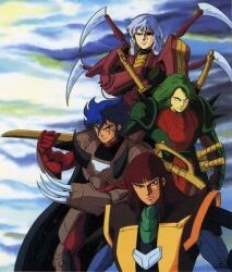Rule 34 | 4boys, anubis (ronin warriors), anubis (samurai troopers), armor, blue hair, cale, cape, claws, expressionless, eyepatch, green hair, looking at viewer, multiple boys, naaza, official art, rajura, red hair, ronin warriors, samurai, scar, scar on face, serious, shuten doji, sunrise (company), sword, weapon, white hair