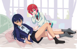 2girls amate_yuzuriha between_legs black_skirt black_socks blue_eyes blue_jacket blue_shirt blue_skirt blush closed_mouth collared_shirt commentary_request covering_own_mouth evefly_megane_p grey_socks gundam gundam_gquuuuuux highres indoors jacket long_hair lying multiple_girls nyaan_(gundam_gquuuuuux) on_back on_bed pleated_skirt purple_hair red_hair school_uniform shirt short_hair skirt socks sweater white_shirt white_sweater yellow_eyes yuri